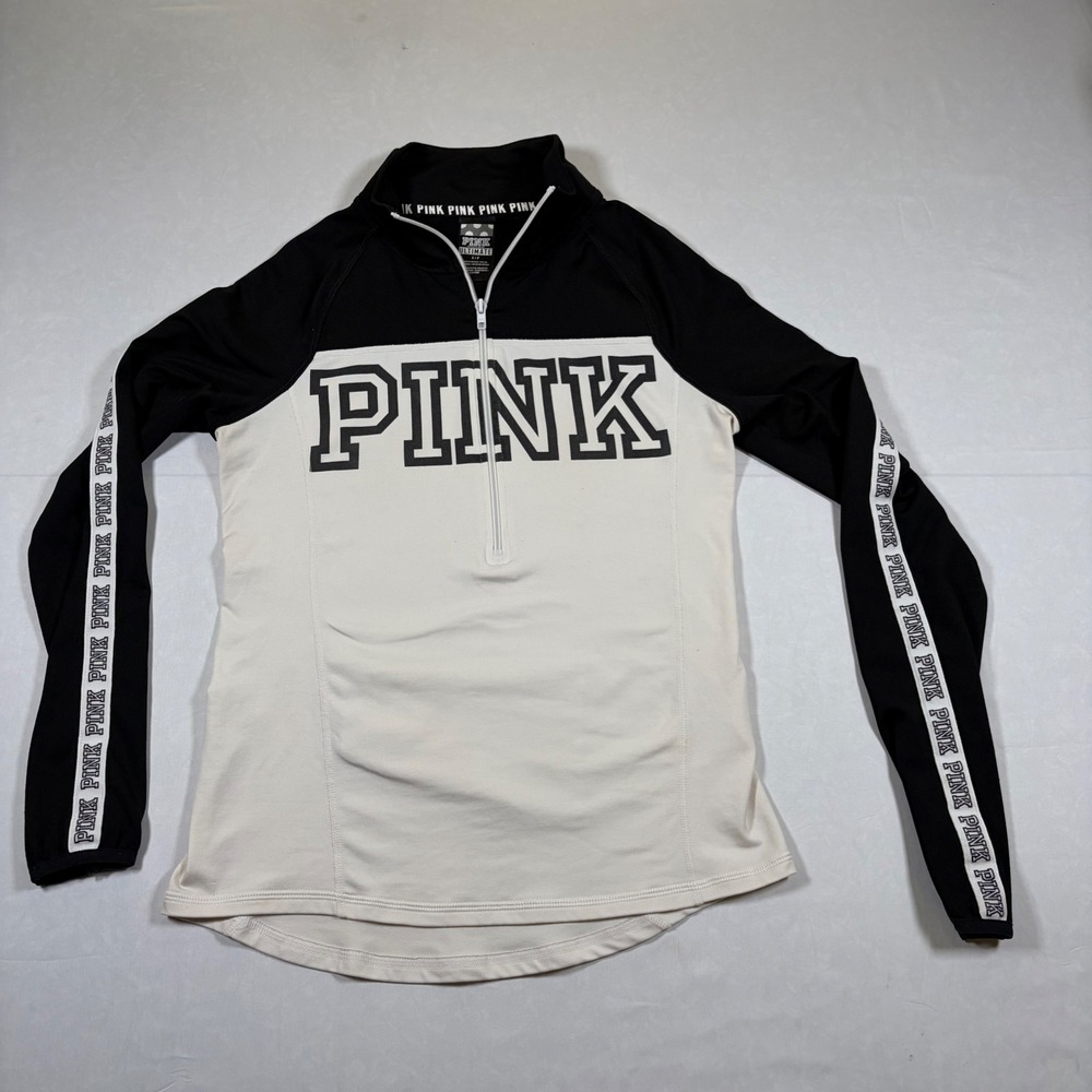 Pink Victoria's Secret Ultimate Quarter Zip Pullover Black White Logo Small